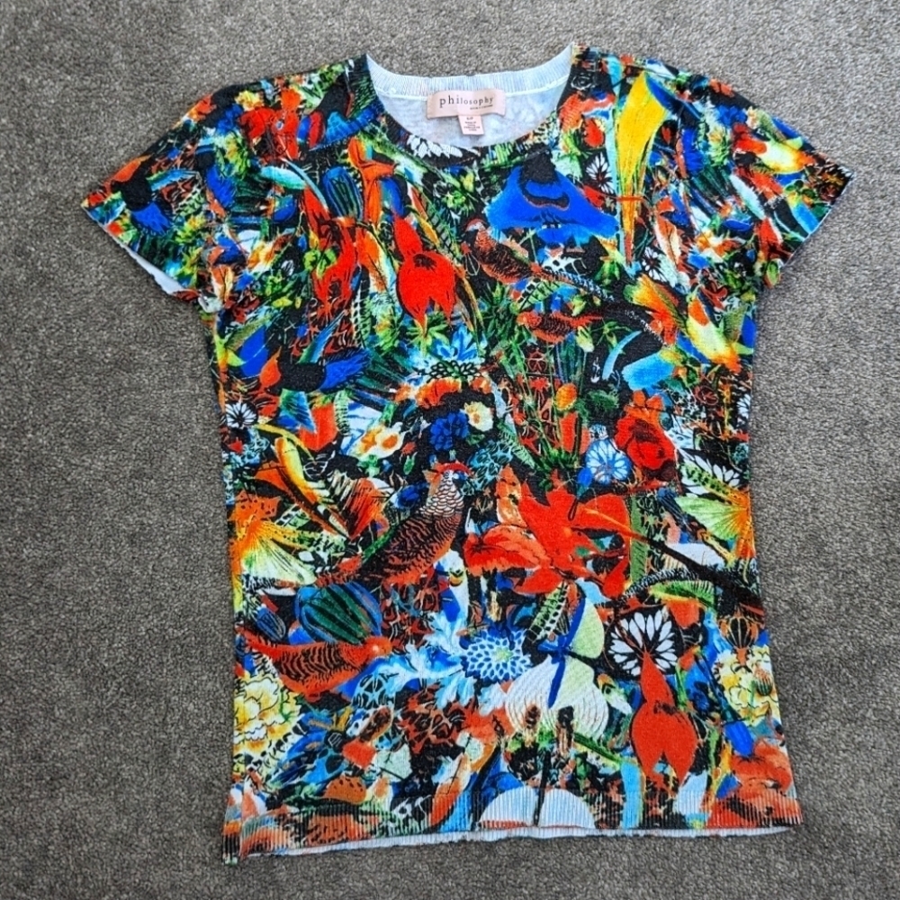 PHILOSOPHY jungle floral colorful parrot casual thin knit top size Small